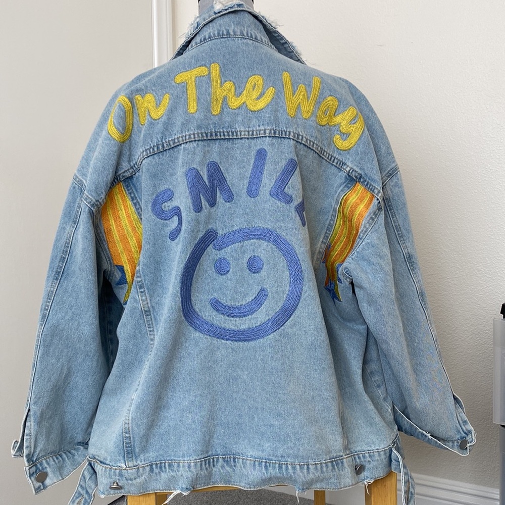 Distressed oversized embroidered denim jean jacket